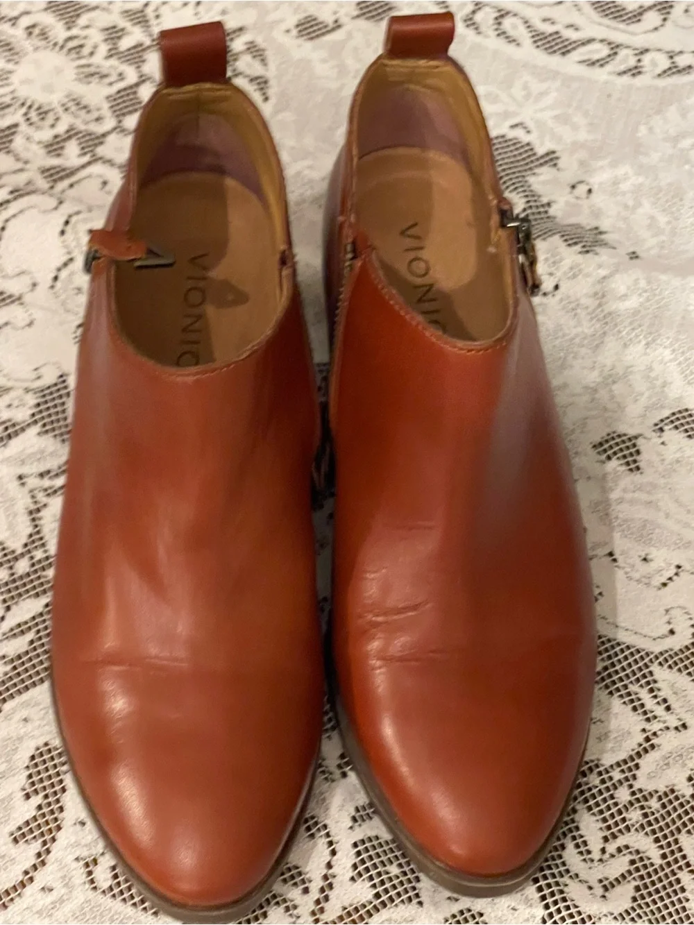Vionic Rust Brown Leather Ankle Booties with Side Zip